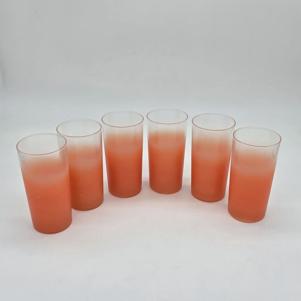 Vintage MCM Blendo Set of 6 Tangerine Ombre Frosted Tumbler Glasses 5 1/2"